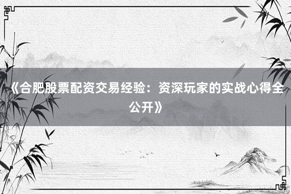 《合肥股票配资交易经验：资深玩家的实战心得全公开》